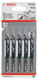 Пильное полотно Bosch / БОШ Basic for Wood / пилка для лобзика по дереву быстрый грубый пропил (T 111 С) упаковка 5 шт 2608630033
